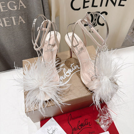 CHRISTIAN LOUBOUTIN 26S FEATHER TRIMMED HEEL SANDALS 105 MM IN LIGHT NUDE SATIN