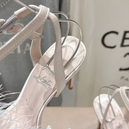 CHRISTIAN LOUBOUTIN 26S FEATHER TRIMMED HEEL SANDALS 105 MM IN LIGHT NUDE SATIN