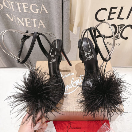 CHRISTIAN LOUBOUTIN 26S FEATHER TRIMMED HEEL SANDALS 105 MM IN BLACK SATIN