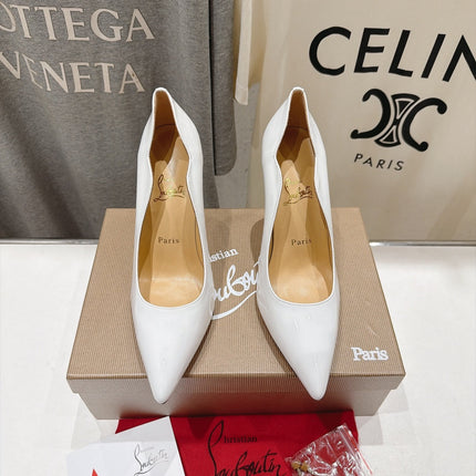 CHRISTIAN LOUBOUTIN 26S SCALLOPED EDGE HEELS 105 MM IN WHITE GLOSSY CALFSKIN