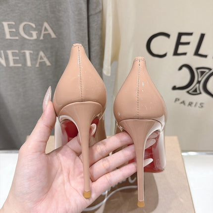 CHRISTIAN LOUBOUTIN 26S SCALLOPED EDGE HEELS 105 MM IN BEIGE GLOSSY CALFSKIN