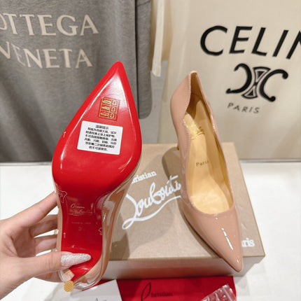 CHRISTIAN LOUBOUTIN 26S SCALLOPED EDGE HEELS 105 MM IN BEIGE GLOSSY CALFSKIN
