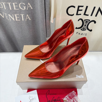 CHRISTIAN LOUBOUTIN 26S SCALLOPED EDGE HEELS 105 MM IN METALLIC RED CALFSKIN