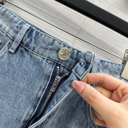 CC 25 Embroidered Short Skirt Blue Denim Cotton