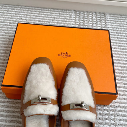 HM 25S CATENA MULE IN BEIGE SHEARLING AND BROWN LAMBSKIN WITH SILVER HARDWARE