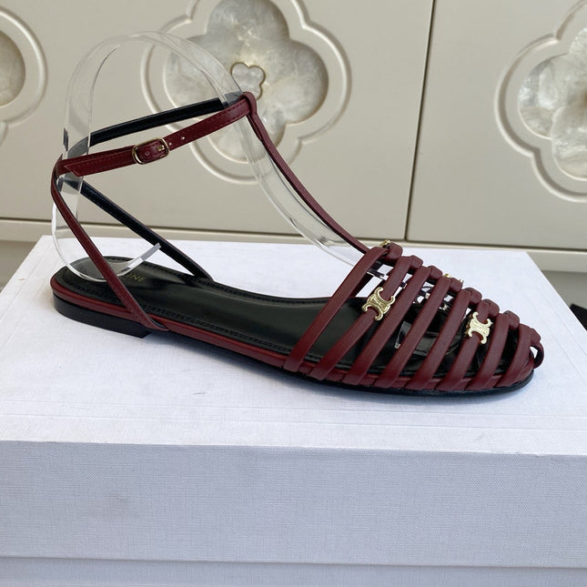 CELINE 26S CLEA TRIOMPHE GLADIATOR SANDALS IN DARK RED LAMBSKIN
