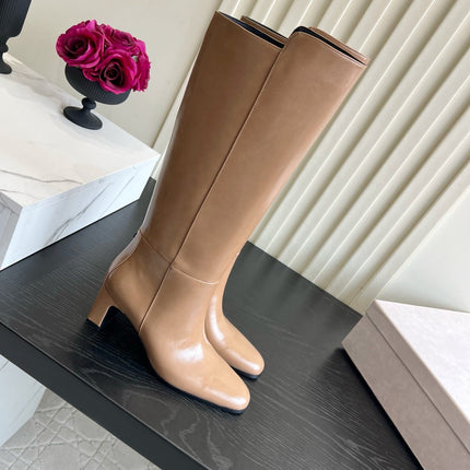 JIMMY CHOO 26S KNEE HIGH BOOTS 60 MM IN BEIGE BROWN CALFSKIN