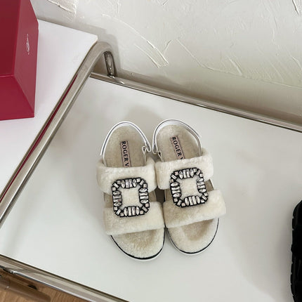 SLIDY VIV' WINTER FUR STRASS BUCKLE SANDALS IN WHITE SHEARLING