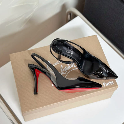 TRANSPARENT PANEL SLING BACK PUMPS IN BLACK PATENT CALFSKIN