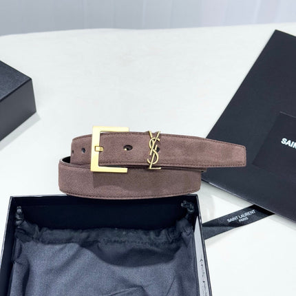 YSL 25S BELT 30 MM IN ASH BROWN SUEDE WITH GOLD HARDWARE 586765