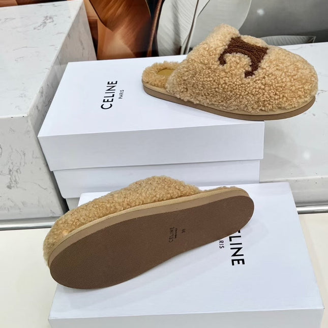 CELINE 25S GEORGIA SLIDE IN SHEARLING IN BROWN