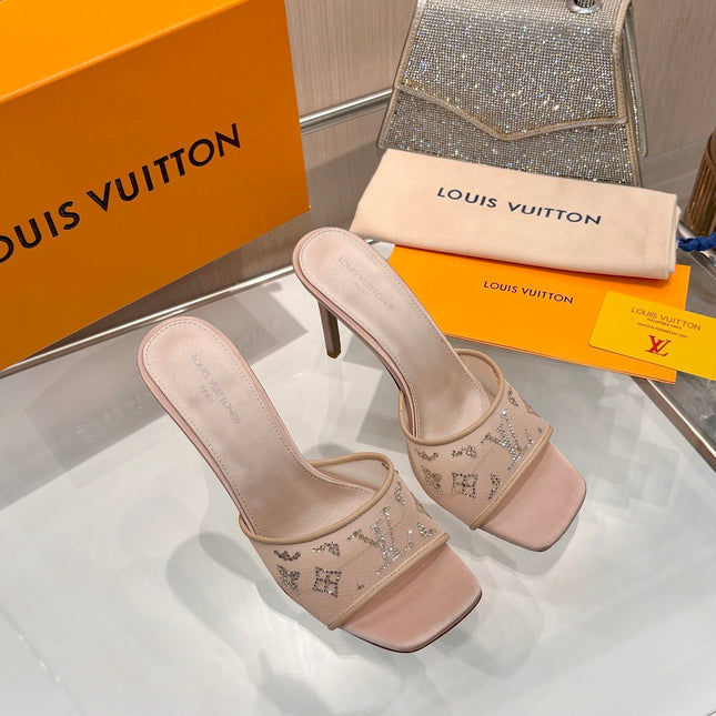 LV 26S MULE HEELS 90 MM IN BEIGE FABRIC AND LAMBSKIN