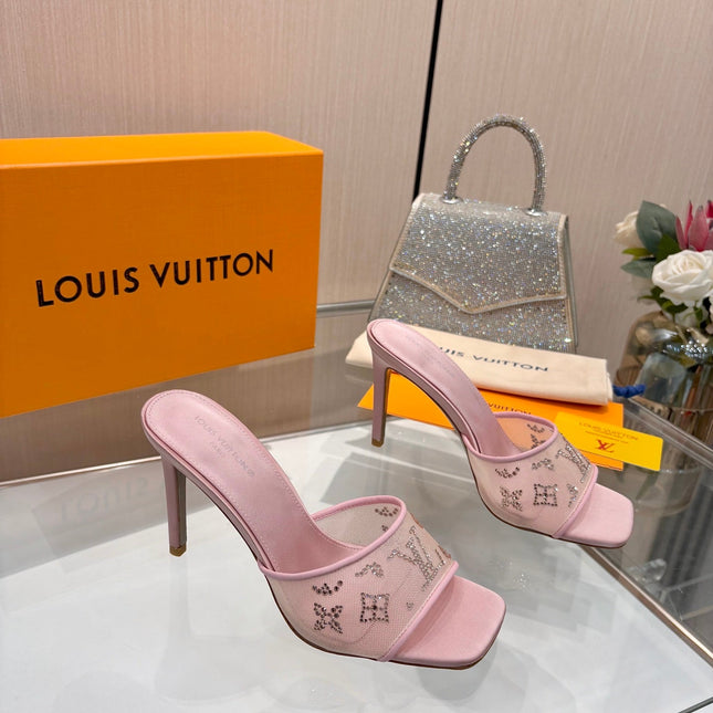 LV 26S MULE HEELS 90 MM IN LIGHT PINK FABRIC AND LAMBSKIN