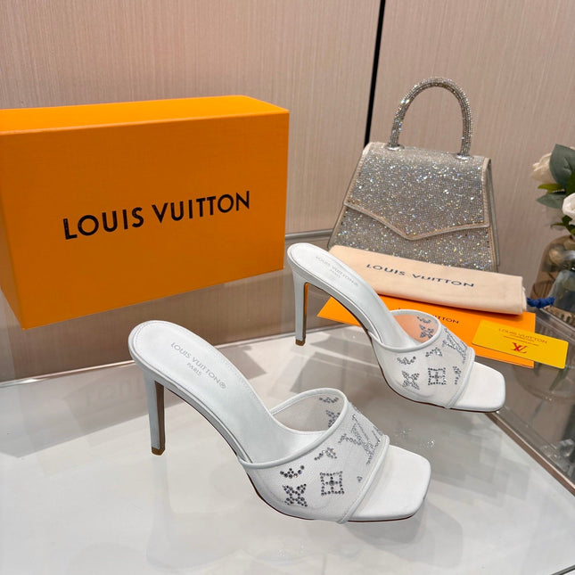LV 26S MULE HEELS 90 MM IN WHITE FABRIC AND LAMBSKIN