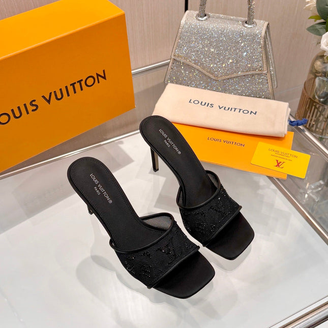 LV 26S MULE HEELS 90 MM IN BLACK FABRIC AND LAMBSKIN