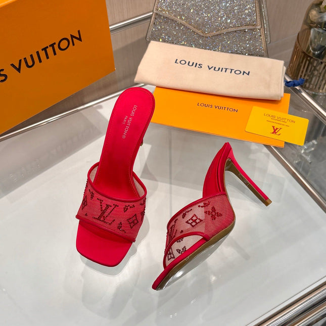 LV 26S MULE HEELS 90 MM IN RED FABRIC AND LAMBSKIN