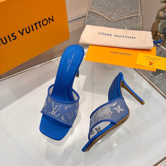 LV 26S MULE HEELS 90 MM IN NAVY BLUE FABRIC AND LAMBSKIN