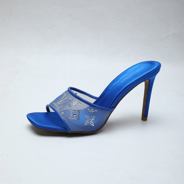 LV 26S MULE HEELS 90 MM IN NAVY BLUE FABRIC AND LAMBSKIN