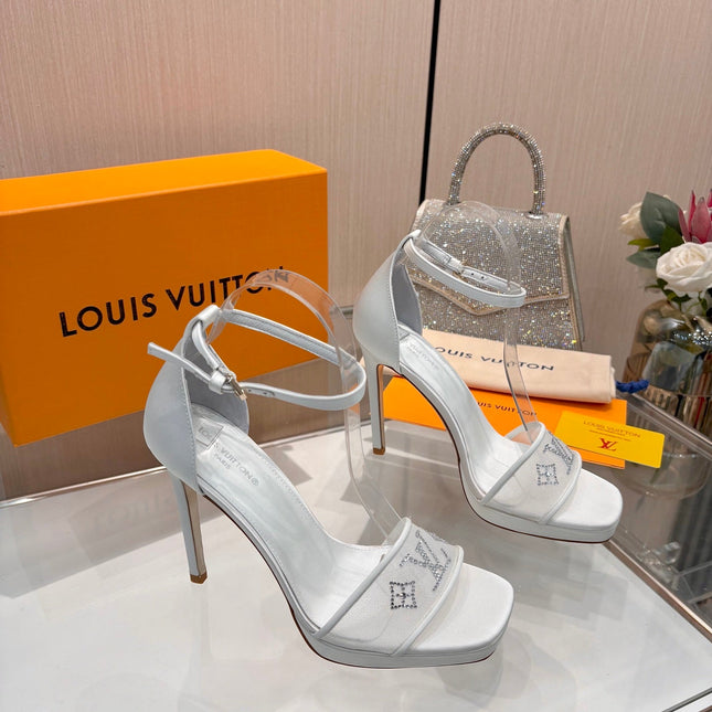 LV 26S HIGH HEEL SANDALS 110 MM IN WHITE FABRIC AND LAMBSKIN