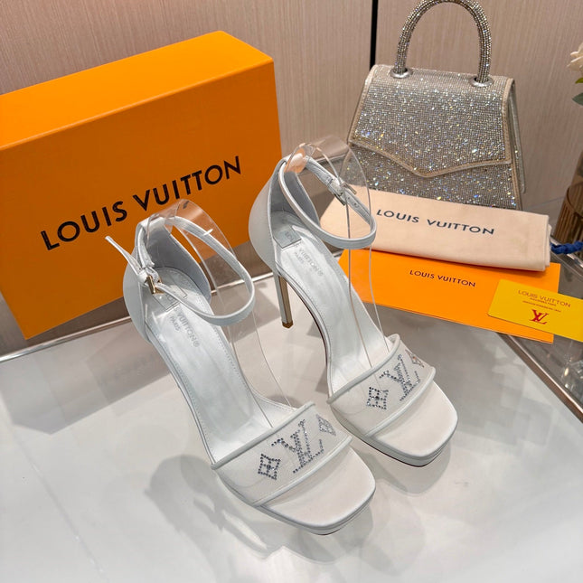 LV 26S HIGH HEEL SANDALS 110 MM IN WHITE FABRIC AND LAMBSKIN