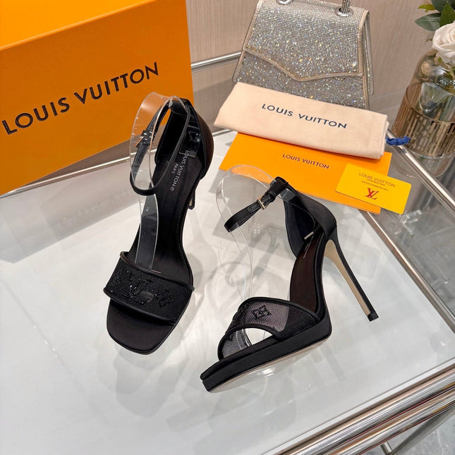 LV 26S HIGH HEEL SANDALS 110 MM IN BLACK FABRIC AND LAMBSKIN