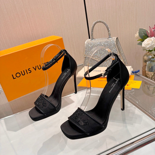 LV 26S HIGH HEEL SANDALS 110 MM IN BLACK FABRIC AND LAMBSKIN