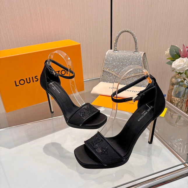 LV 26S HIGH HEEL SANDALS 110 MM IN BLACK FABRIC AND LAMBSKIN
