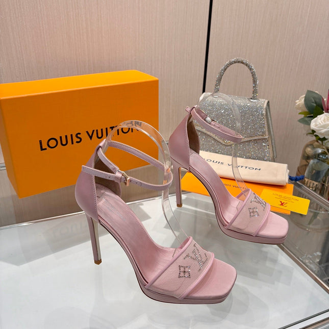 LV 26S HIGH HEEL SANDALS 110 MM IN LIGHT PINK FABRIC AND LAMBSKIN