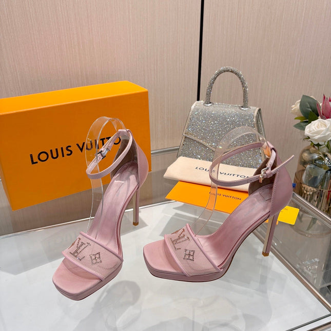 LV 26S HIGH HEEL SANDALS 110 MM IN LIGHT PINK FABRIC AND LAMBSKIN