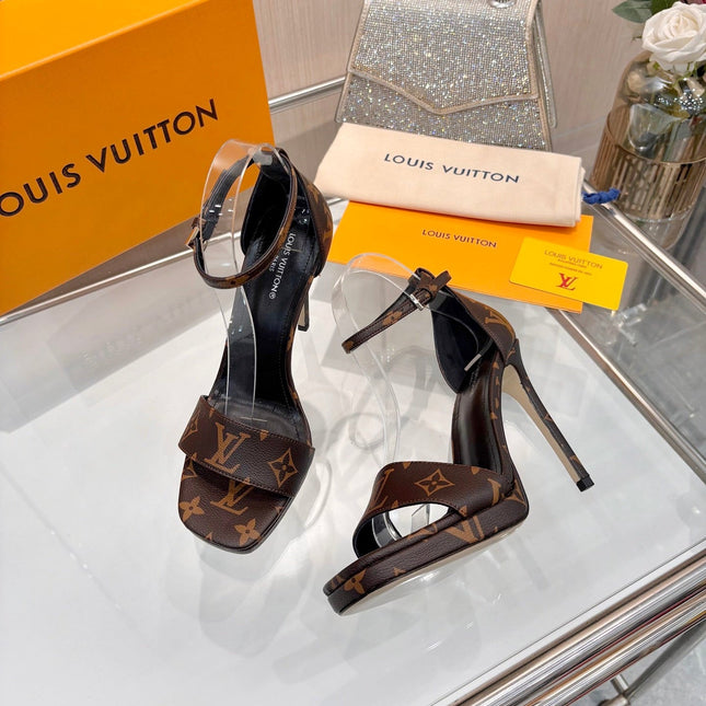 LV 26S HIGH HEEL SANDALS 110 MM IN DARK BROWN MONOGRAM CANVAS