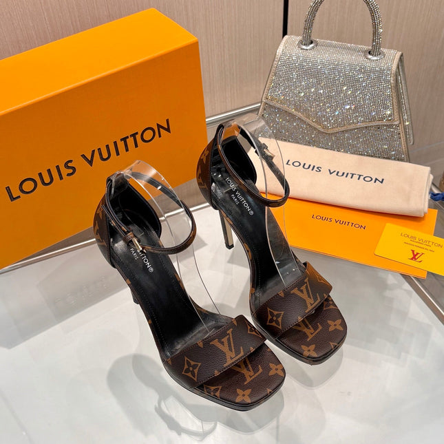 LV 26S HIGH HEEL SANDALS 110 MM IN DARK BROWN MONOGRAM CANVAS