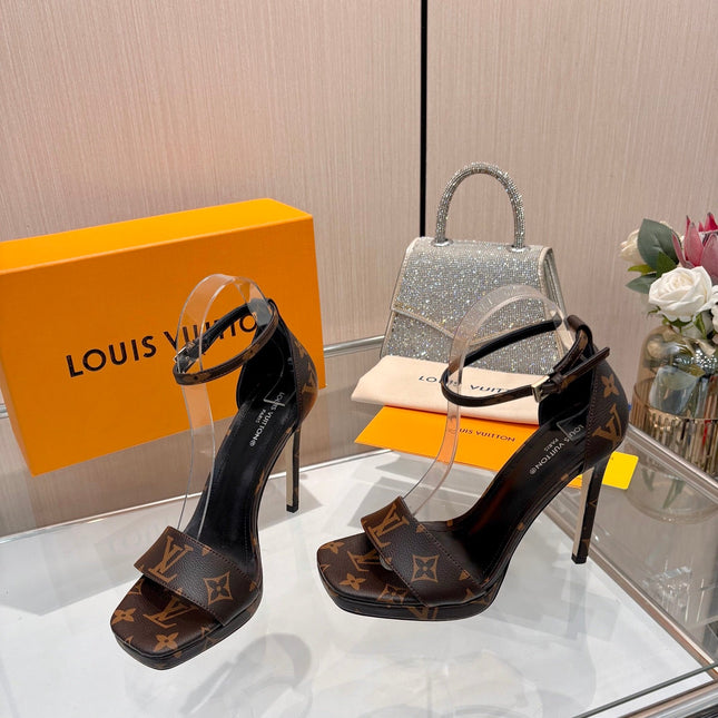 LV 26S HIGH HEEL SANDALS 110 MM IN DARK BROWN MONOGRAM CANVAS