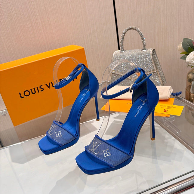 LV 26S HIGH HEEL SANDALS 110 MM IN NAVY BLUE FABRIC AND LAMBSKIN