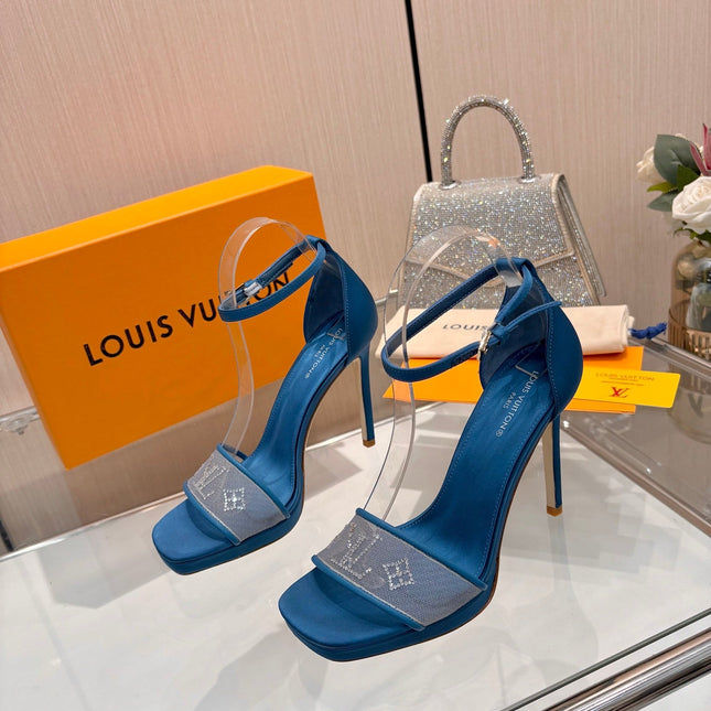 LV 26S HIGH HEEL SANDALS 110 MM IN OCEAN BLUE FABRIC AND LAMBSKIN