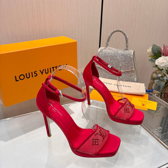 LV 26S HIGH HEEL SANDALS 110 MM IN RED FABRIC AND LAMBSKIN