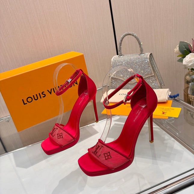 LV 26S HIGH HEEL SANDALS 110 MM IN RED FABRIC AND LAMBSKIN