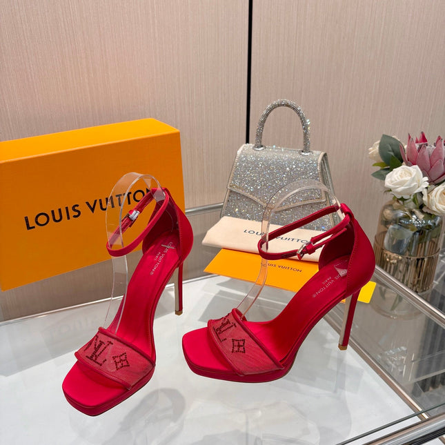 LV 26S HIGH HEEL SANDALS 110 MM IN RED FABRIC AND LAMBSKIN