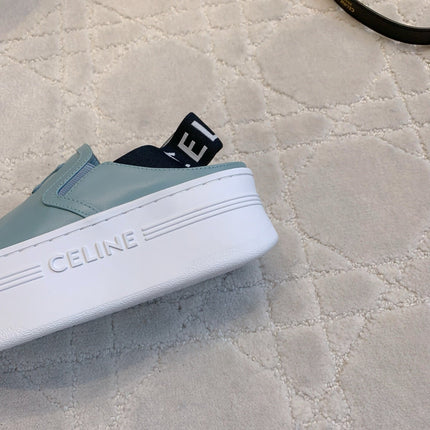CELINE 26S WEDGE MULES MM IN LIGHT BLUE SMOOTH CALFSKIN
