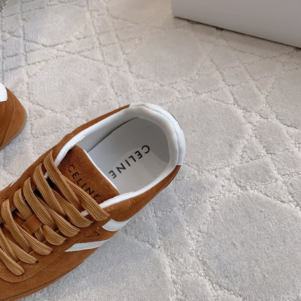 CELINE 25S JOGGER LOW LACE UP SNEAKER IN RUST BROWN CALFSKIN AND SUEDE