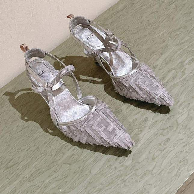FENDI COLIBRÌ HIGH-HEELED SLINGBACKS 75MM IN LIGHT GREY FABRIC