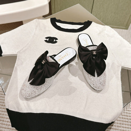 CC JEWELED MULE WITH SILK BLACK BOW IN WHITE LAMBSKIN