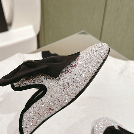 CC JEWELED MULE WITH SILK BLACK BOW IN WHITE LAMBSKIN