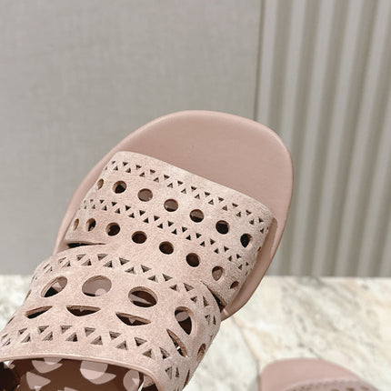 ALAIA HIGH HEEL CHUNKY TWO-STRAP 25S IN PINK BEIGE SUEDE