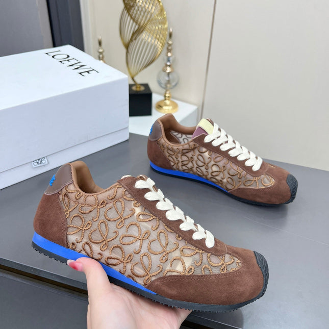 LOEWE 26S RUNNER 2.0 SNEAKERS IN DARK BROWN SUEDE AND ANAGRAM JACQUARD