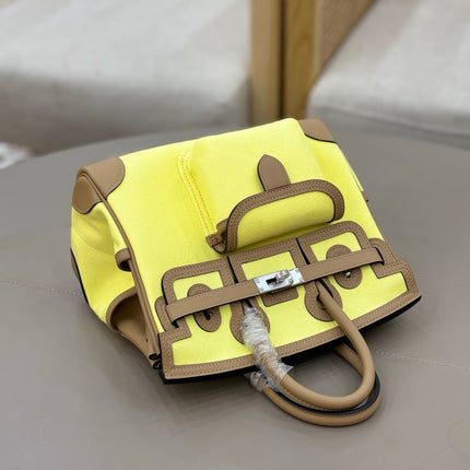 HM 25S BIRKIN CARGO 25 CM IN YELLOW CANVAS AND BROWN SWIFT WITH SILVER HARDWARE