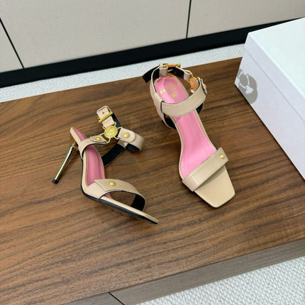 BALMAIN 25S HEELED EVA SANDALS 95MM IN BEIGE AND PINK CALFSKIN