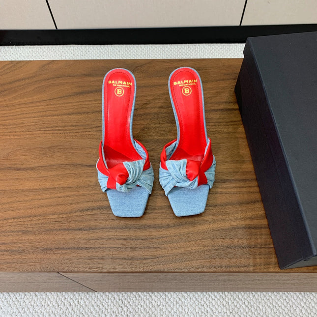 BALMAIN 25S HIGH HEEL MULES 95MM IN BRIGHT RED DENIM AND CALFSKIN