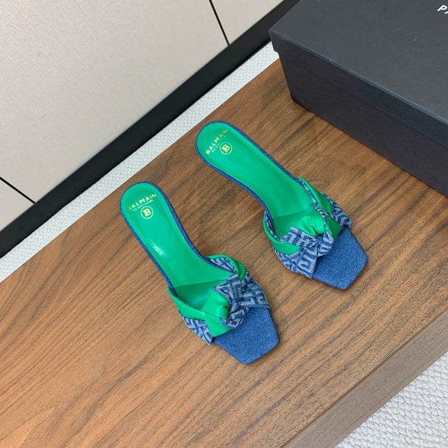 BALMAIN 25S HIGH HEEL MULES 95MM IN EMERALD GREEN DENIM AND CALFSKIN