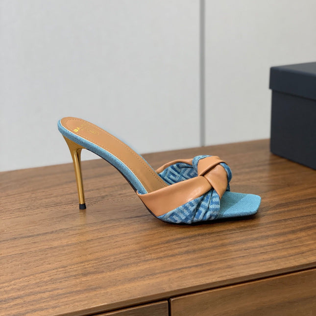 BALMAIN 25S HIGH HEEL MULES 95MM IN WARM CARAMEL DENIM AND CALFSKIN