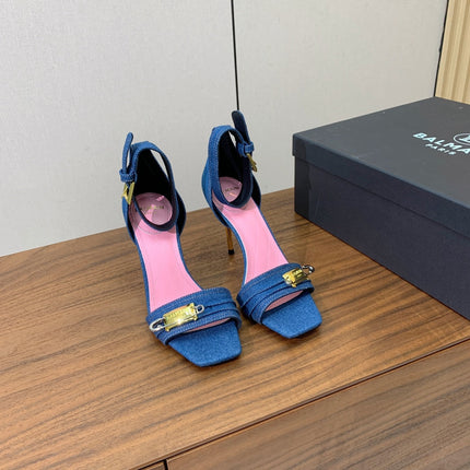 BALMAIN 26S HEELED SANDALS 95 MM IN BLUE DENIM WITH GOLD HARDWARE